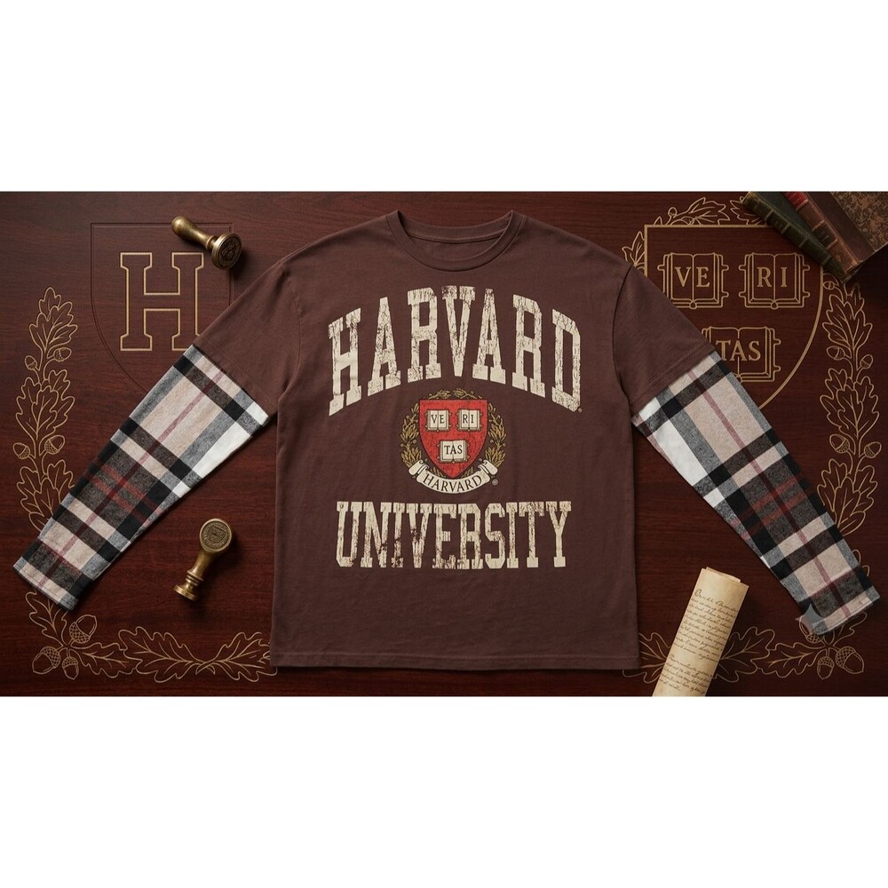 Harvard University Women’s M Long Sleeve Shirt Veritas Plaid Sleeves Collegiate